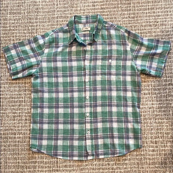 Men’s Linen Green and Blue Casual Button Down Shirt - Picture 1 of 4